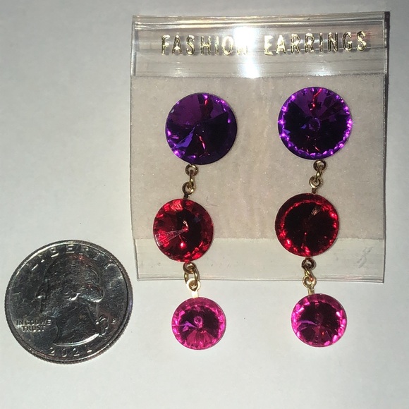 Vintage Triple-Drop Rhinestone Statement Earrings - Purple, Red & Hot Pink - Picture 3 of 4
